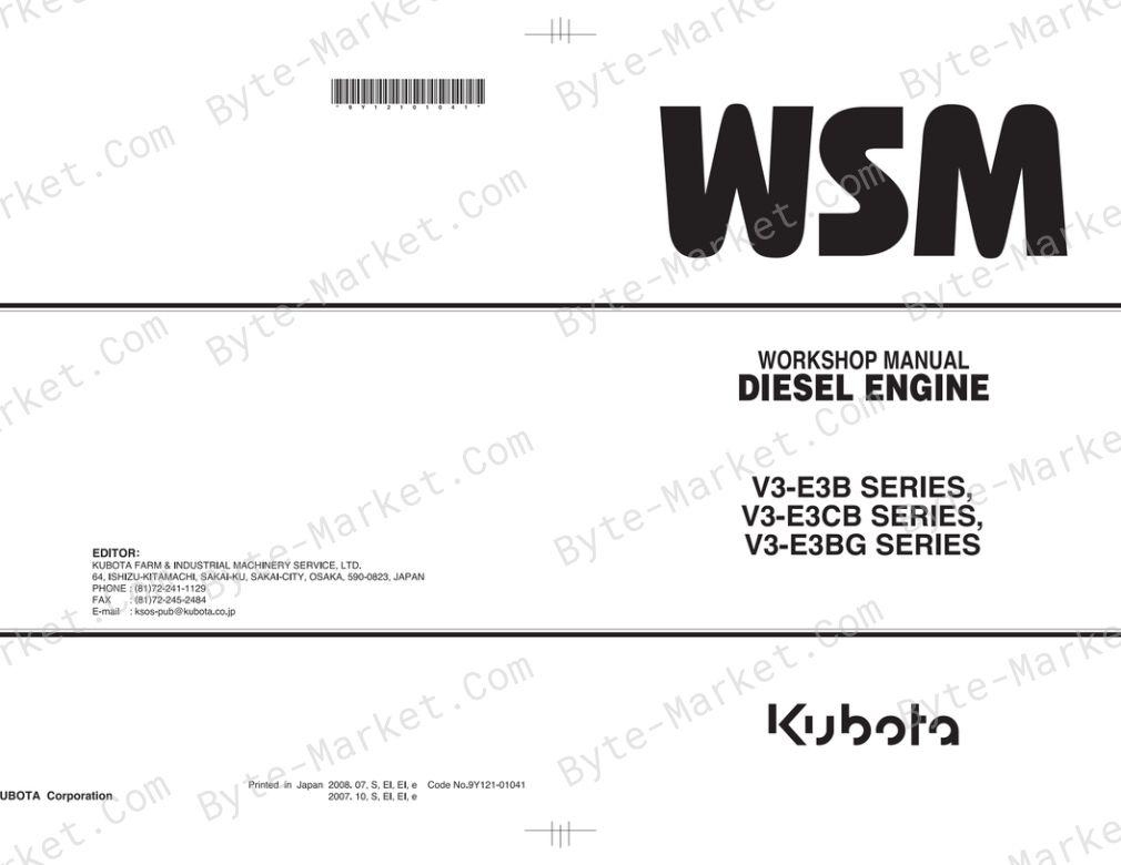 Kubota V3600-E3B, V3600-T-E3B, V3800DI-T-E3B, V3600-E3CB, V3600-T-E3CB, V3800DI-T-E3CB, V3300-E3BG, V3600-T-E3BG, and V3800DI-T-E3BG Workshop Manual — 9Y121-01041 image