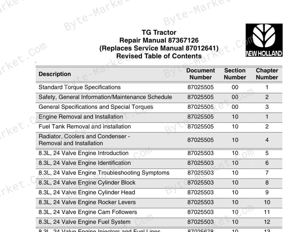 New Holland TG Series Tractor Repair Manual PDF image