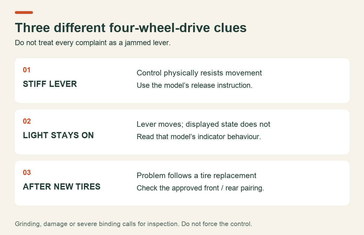 Separate a stiff four-wheel-drive lever, an indicator that stays illuminated, and a problem that started after tire replacement