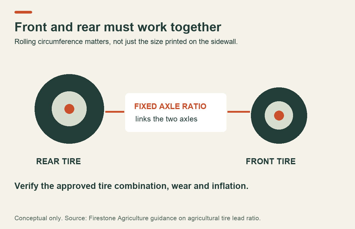 Front and rear tire rolling circumferences work with a fixed axle ratio; approved tire combinations matter in four-wheel drive