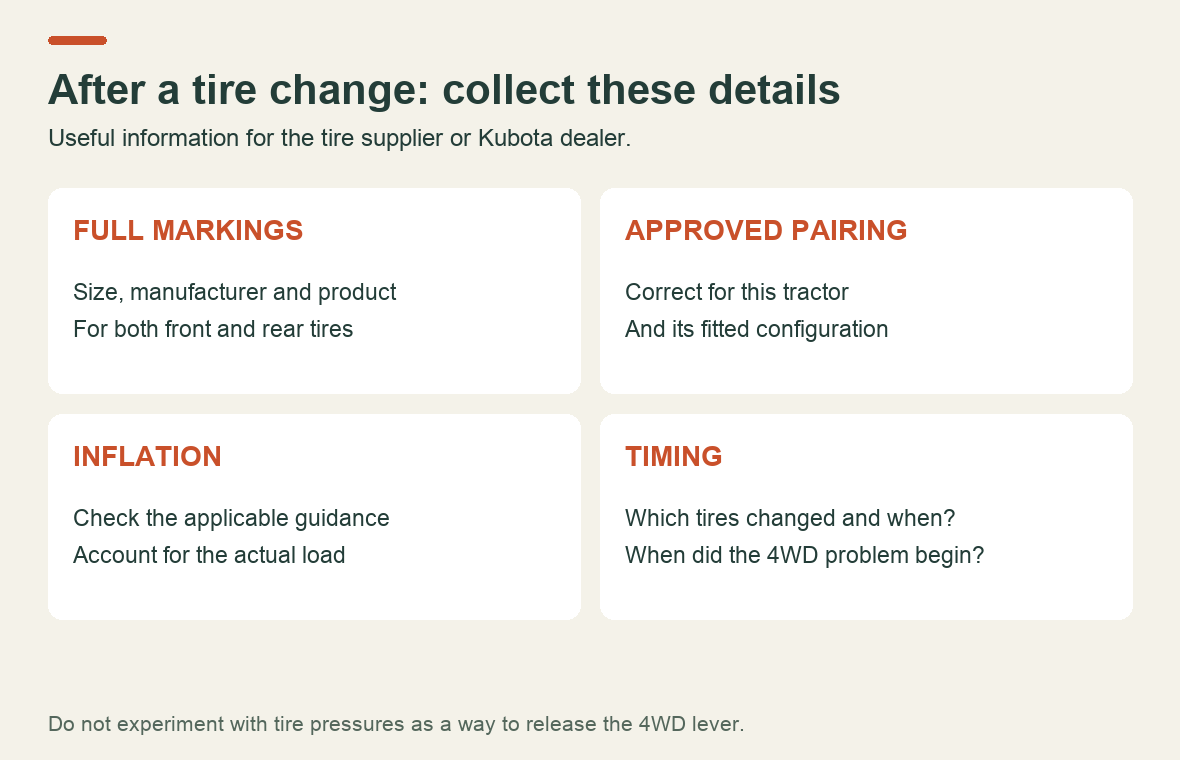 Tire information to verify after a 4WD complaint: full markings, approved front/rear pairing, inflation and replacement history