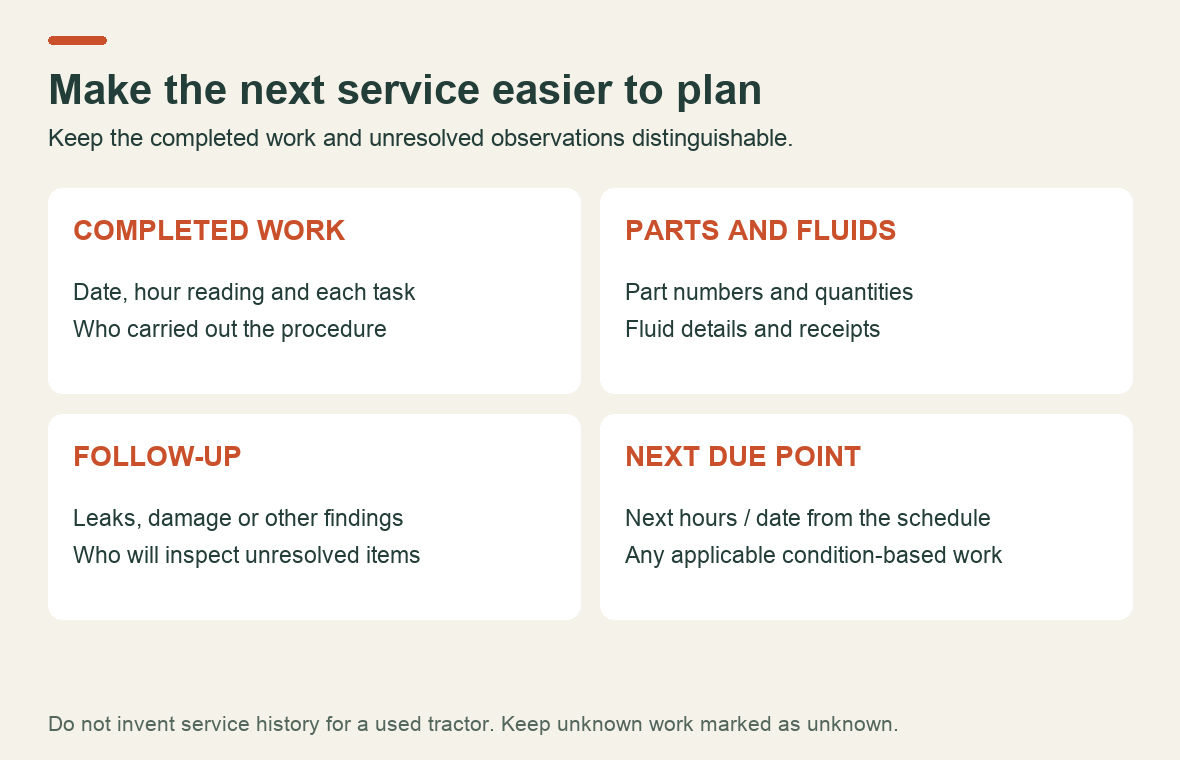 Service record with separate fields for completed tasks, parts and fluids, unresolved findings and the next due service