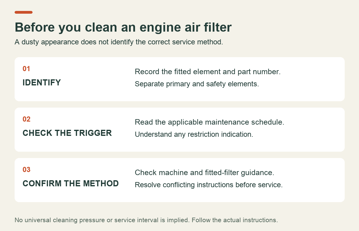 Engine air-filter service decision: identify the fitted element, check the required service trigger, and confirm whether cleaning is allowed