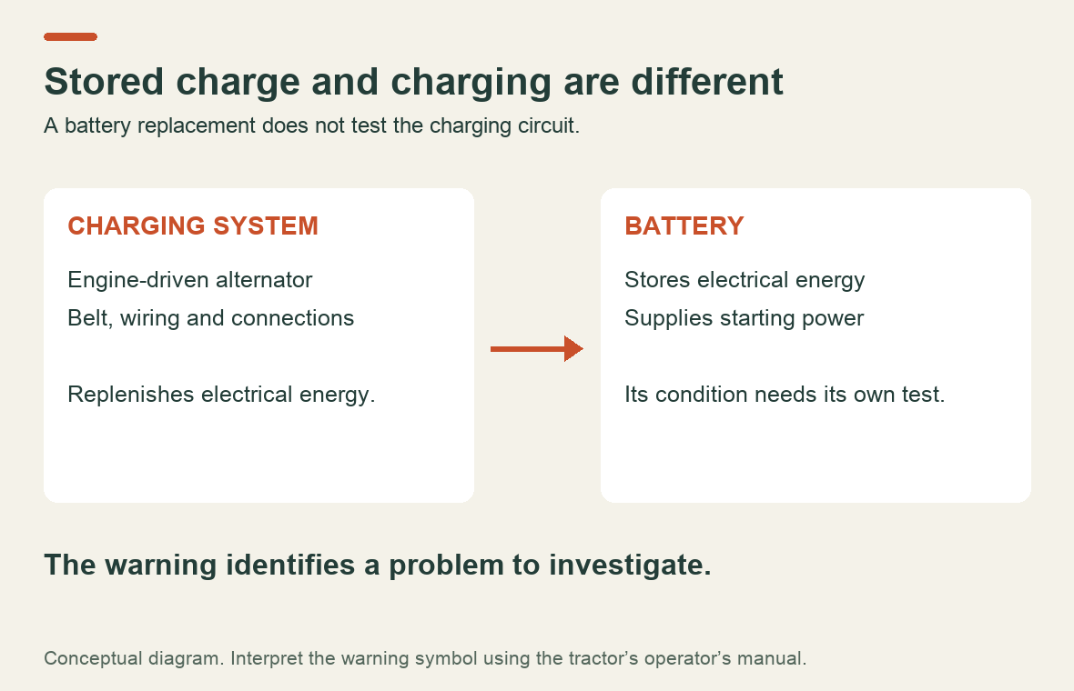 A battery stores electrical energy while the alternator and its charging circuit replenish it; replacing one does not test the other