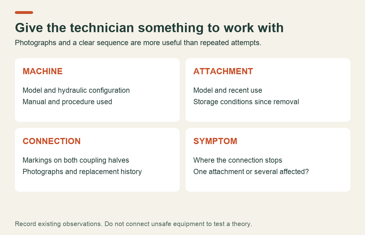 Information to record for hydraulic coupler troubleshooting: machine, attachment, connection markings and the observed problem