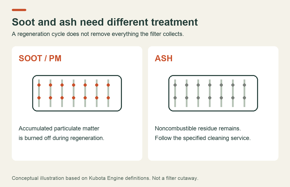Soot can be removed through regeneration; noncombustible ash requires the specified cleaning service
