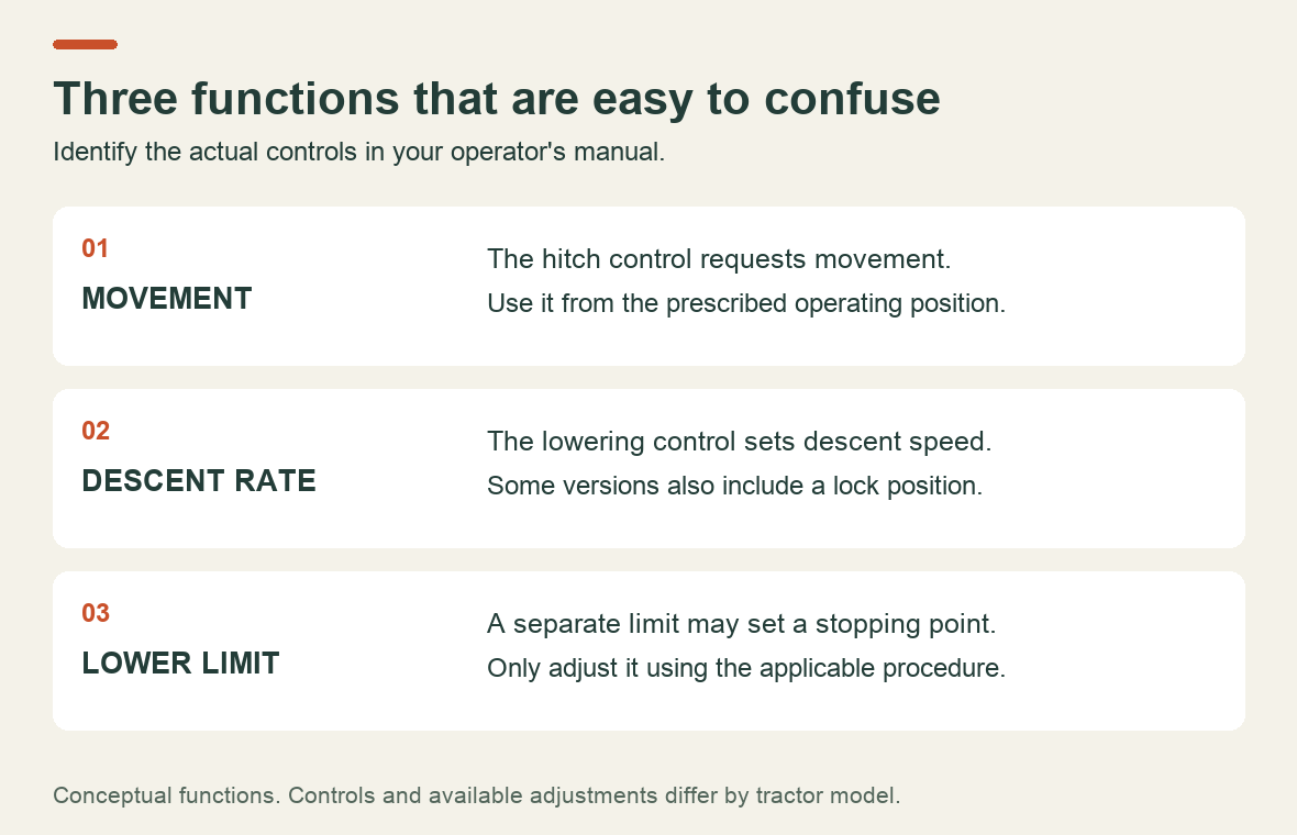 Three separate control functions: hitch movement, lowering speed and an implement lowering limit