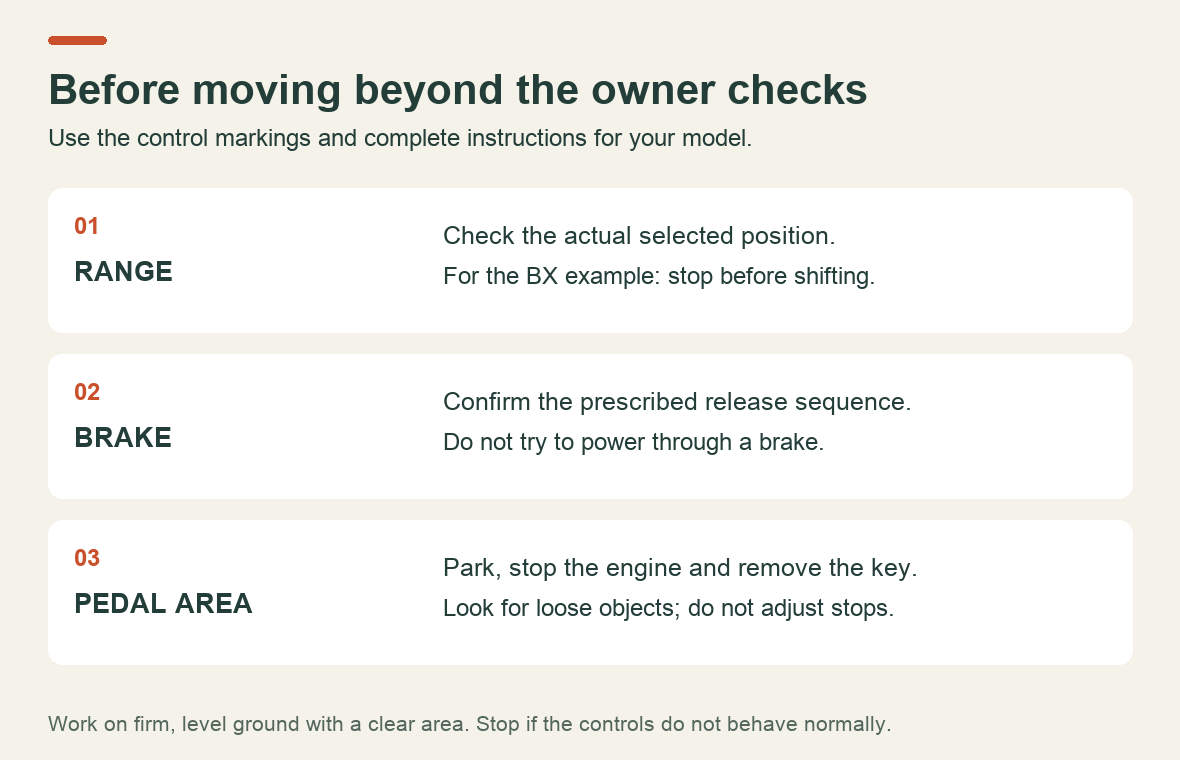 Initial owner checks for a Kubota HST tractor: selected range, brake release and unobstructed travel pedal