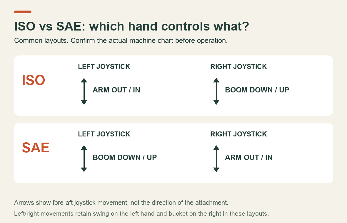ISO and SAE comparison: arm and boom exchange the left and right fore-aft joystick functions