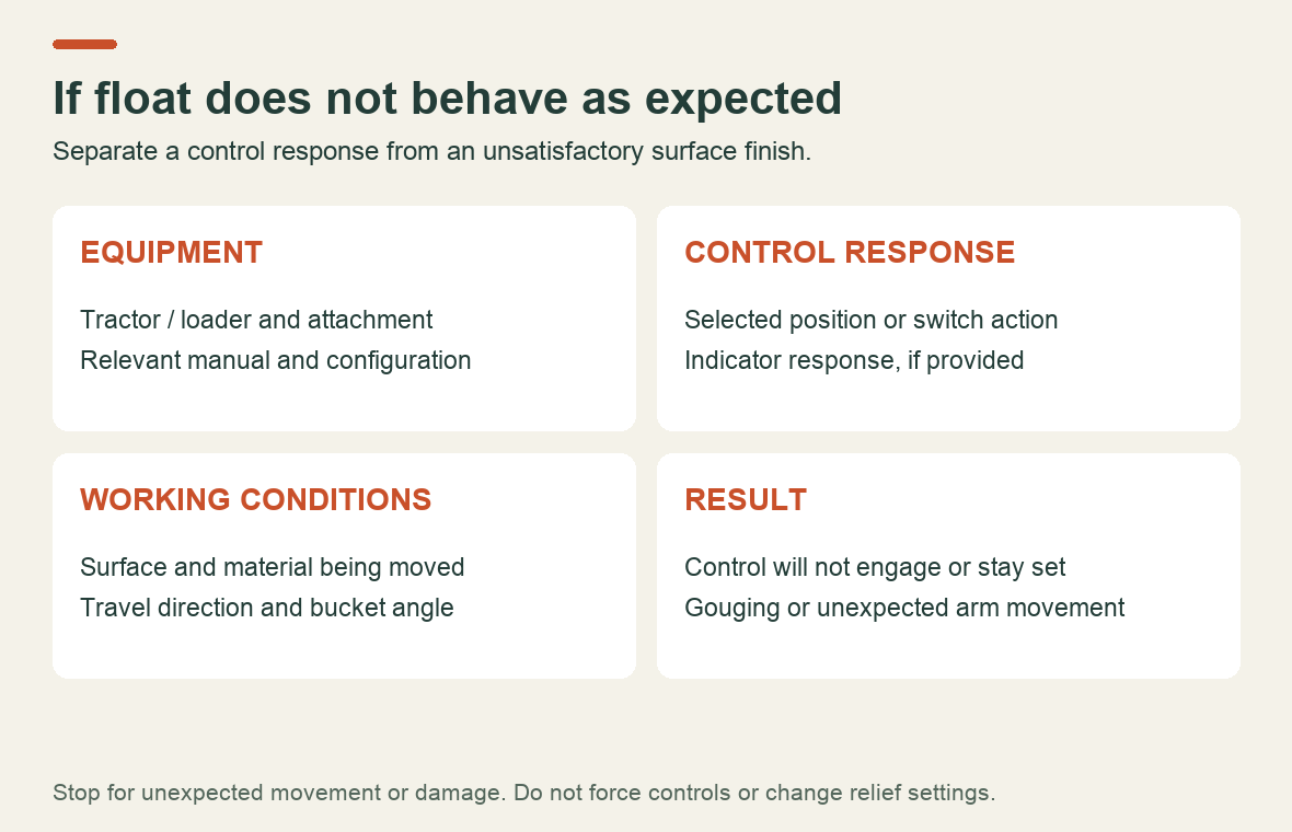 Four items to record when loader float seems wrong: machine, control response, work surface and bucket result