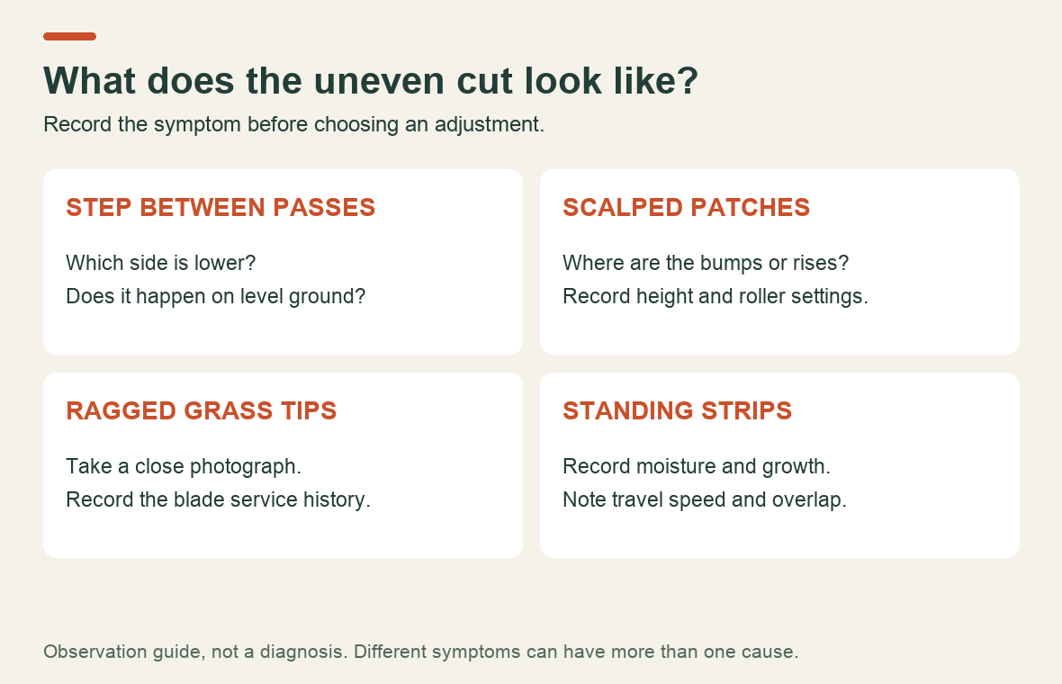 Four observations to record when a Kubota mower leaves an uneven cut: steps, scalping, ragged tips and standing strips