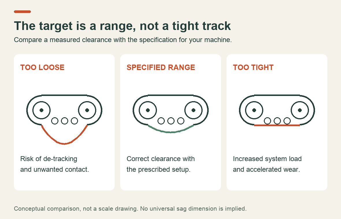 Track tension comparison showing the different risks of excessive slack and excessive tightness, with the specified range as the target