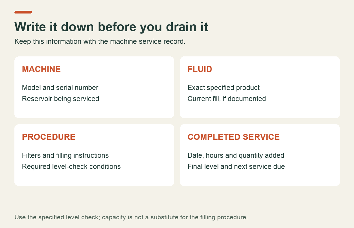 Oil service record with spaces for machine identity, fluid specification, procedure and completed service details