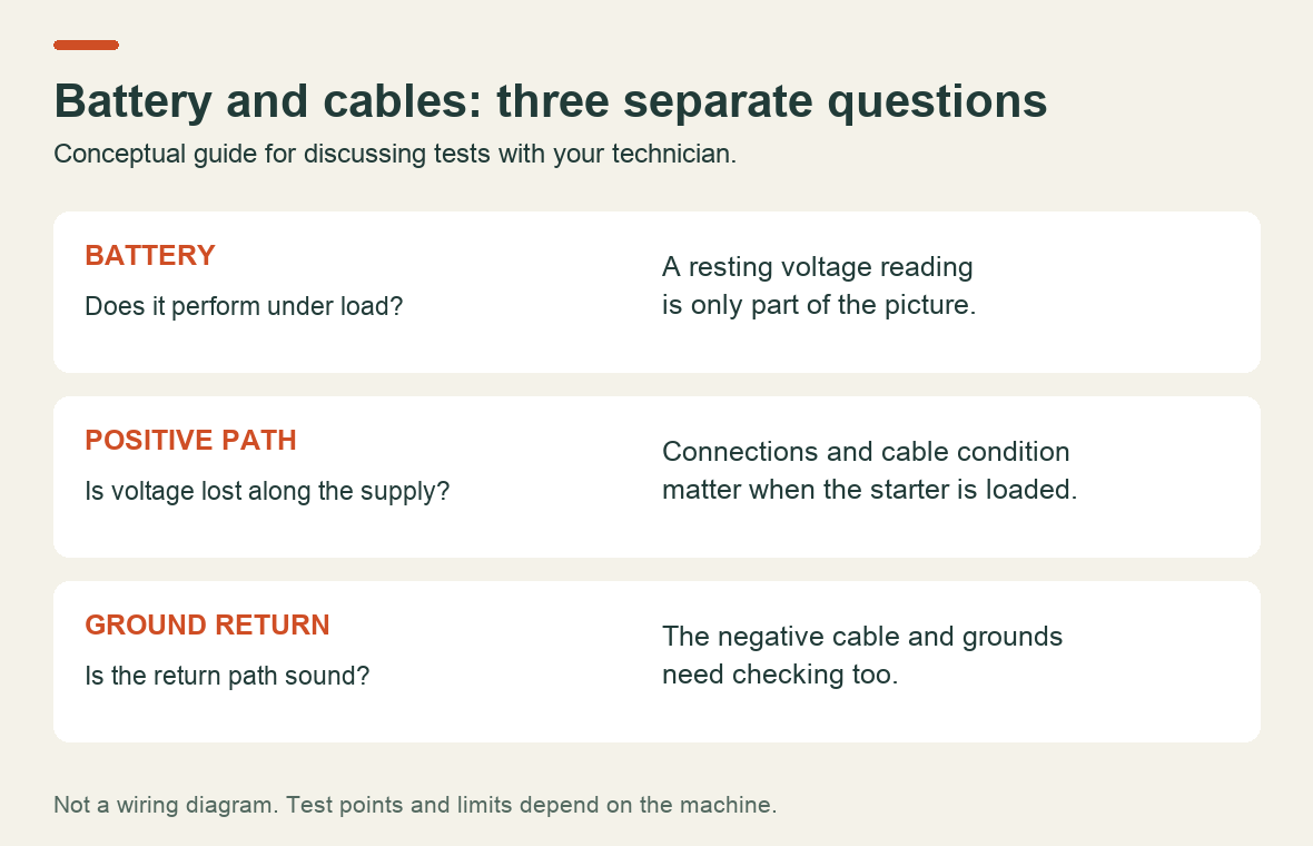 Three different electrical checks: battery condition under load, positive cable path and ground return path