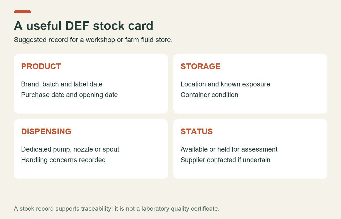 Suggested DEF stock card: batch identity, storage history, dispensing equipment and release or hold status