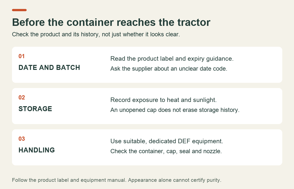 DEF storage review showing product date, temperature and sunlight exposure, and dispensing equipment history