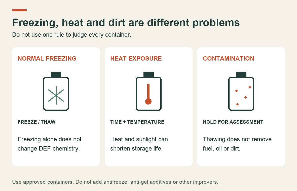 Comparison of normal DEF freezing, heat exposure and contamination, with different checks for each