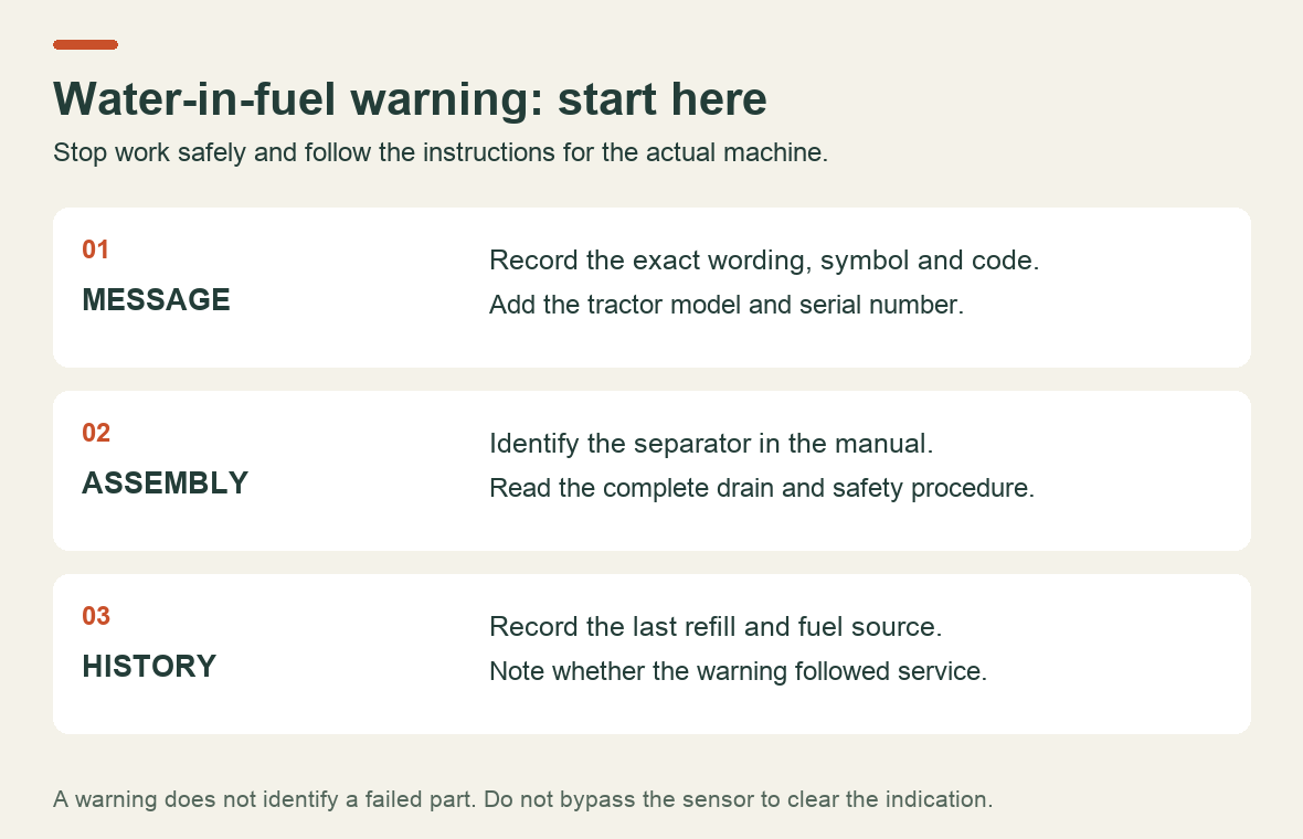 Three initial checks for a New Holland water-in-fuel warning: exact message, correct separator assembly and recent refueling history