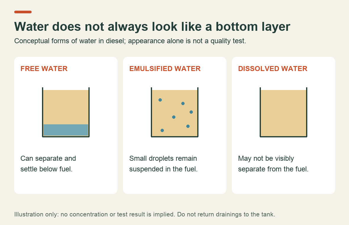 Conceptual difference between free water that separates from diesel, suspended droplets and water that is not visibly separate
